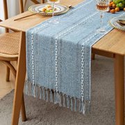 Zhuge Farmhouse Table Runner, Rustic Table Runners 72 Inches Long, Linen Boho Table Runner, Braided Striped Gray Table Runner for Dining Party Holiday, 13x72 Inches, Hollow Gray