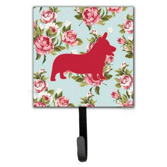 Caroline's Treasures BB1069-RS-BU-SH4 Corgi Shabby Chic Blue Roses Leash or Key Holder, Blue, Single Hook, multicolor