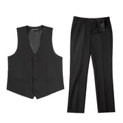 Wehilion Men's Suits 2 Pieces Wedding Suits Vest+Pants Tuxedos Set V-Neck Slim Fit Casual Waistcoat Suit Black