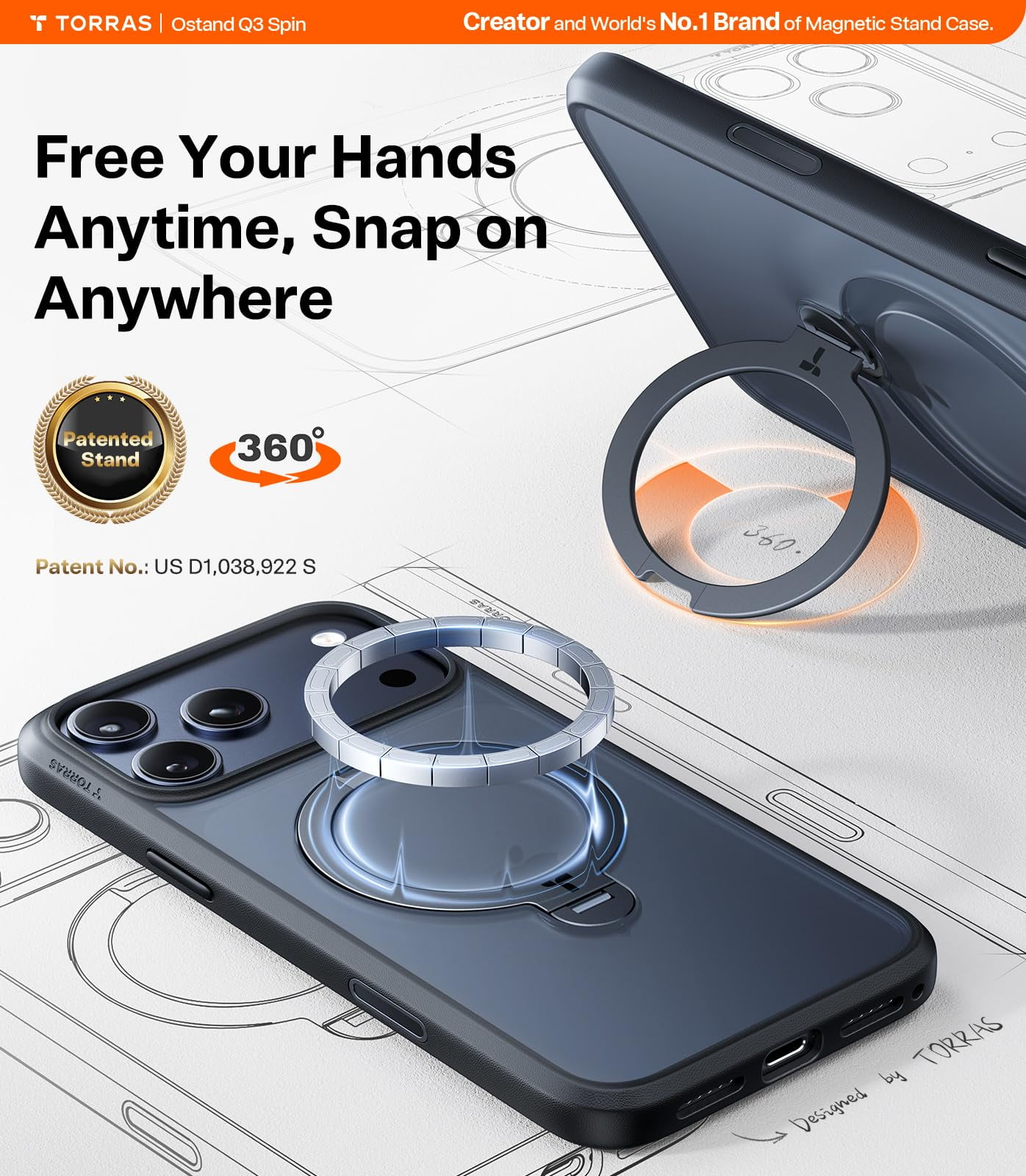 TORRAS Q3 Spin for iPhone 17 Pro Max Case with Camera Control Button, Wireless Charging Compatible, Shookproof Magnetic 360 Kickstand Case for 17 Pro Max Phone Case with Stand, Black