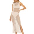 thumbnail image 2 of Womens Sexy Cover Ups Crochet Dress Sleeveless Crew Neck Hollow Out Beach Cover Up Side Slit Knit Midi Dresses, 2 of 6
