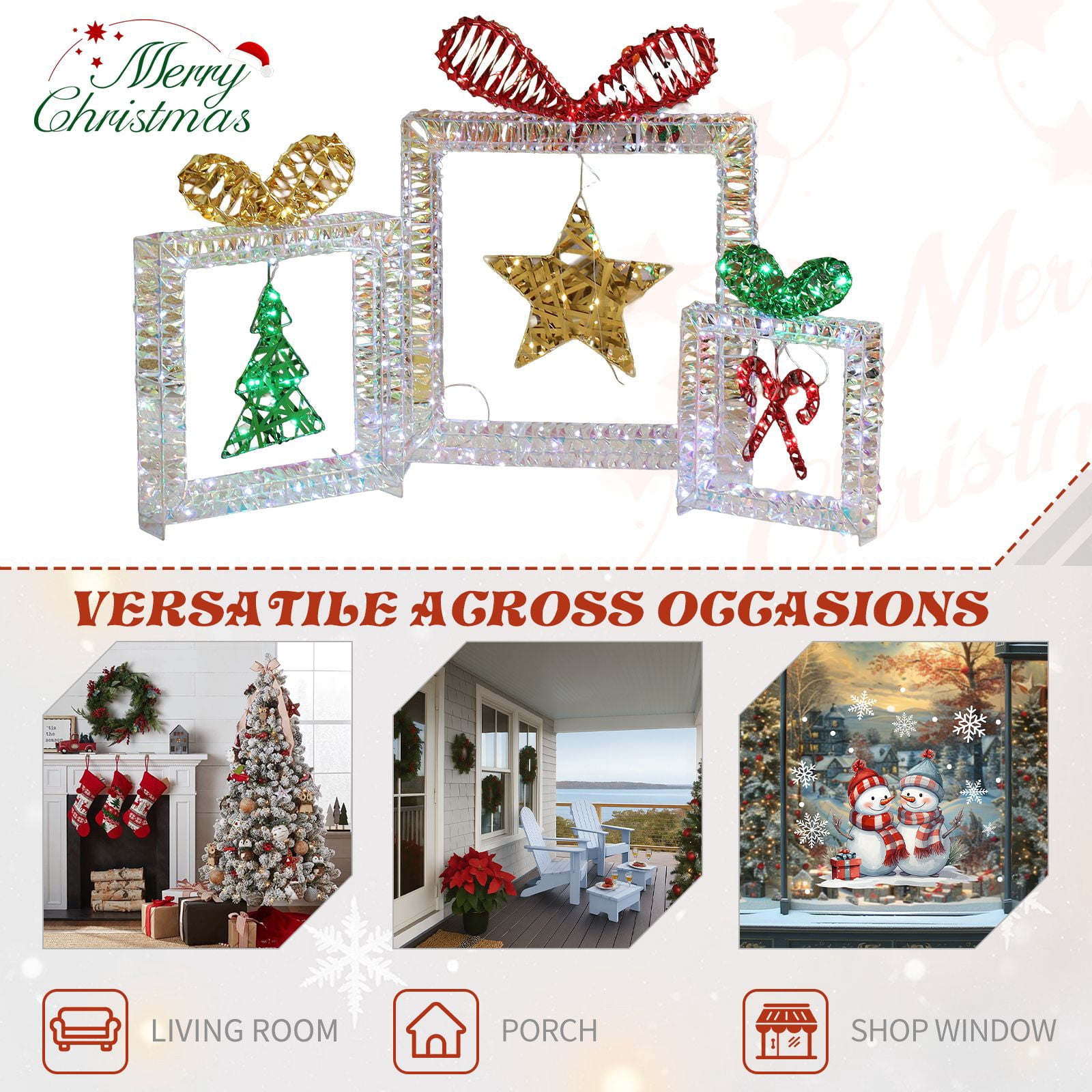 Set of 3 Lighted Iridescent Cut-out Gift Box Christmas Decorations, Pre-lit Holiday Decor with 357 White LED Lights for Xmas Outdoor Indoor Decor Lighted Holiday Displays