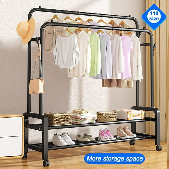 1pc portable floor standing clothes hanger, double-layer double pole clothes hanger, heavy-duty clothes hanger with wheels, metal roller wardrobe rack, can store various clothes, shoes and hats