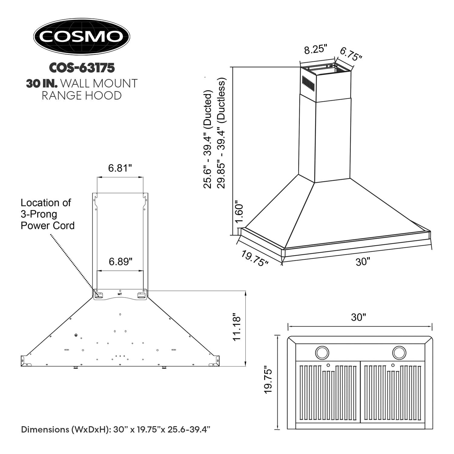 Cosmo 30 in. Ducted Wall Mount Range Hood in Stainless Steel with LED Lighting and Permanent Filters