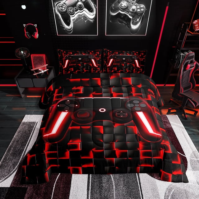 YST Literie de Jeu pour Garçons, Ensembles de Douillette Format Grand Gamepad, à Carreaux Rouges, Réversible Noir
