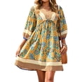 thumbnail image 1 of Liacowi Women Boho Floral Print Dress Tunic T shirt Summer 3/4 Sleeve V Neck Beach Dress Flowy Swing Casual Short Dress, 1 of 4