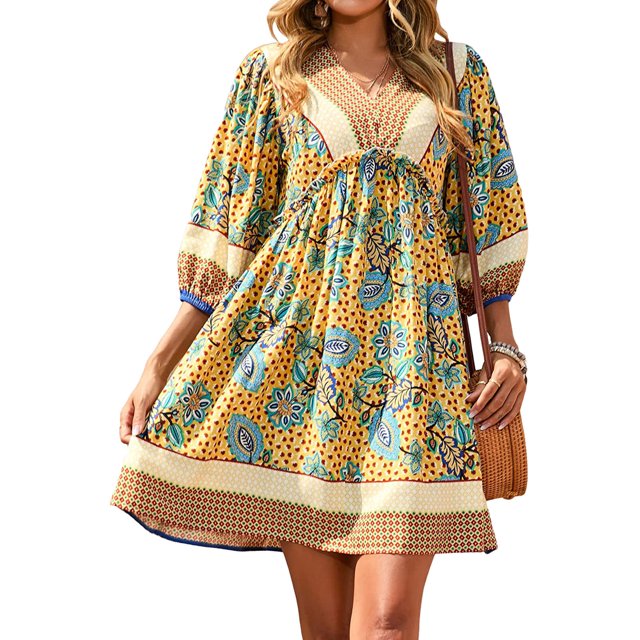 VISgogo, vestido bohemio informal de verano para mujer, estilo étnico, estampado Floral, cuello en V, manga abullonada, vestido corto oscilante a la moda VISgogo moda