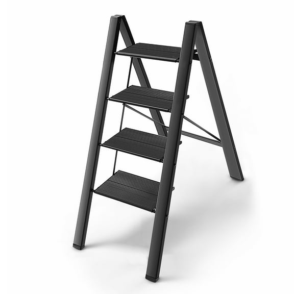 Foldable 4-Step Ladder, Heavy Duty Aluminum Alloy Frame Folding Ladders 4 Step, Load Bearing 330lb, Anti-Skid Feet Cover