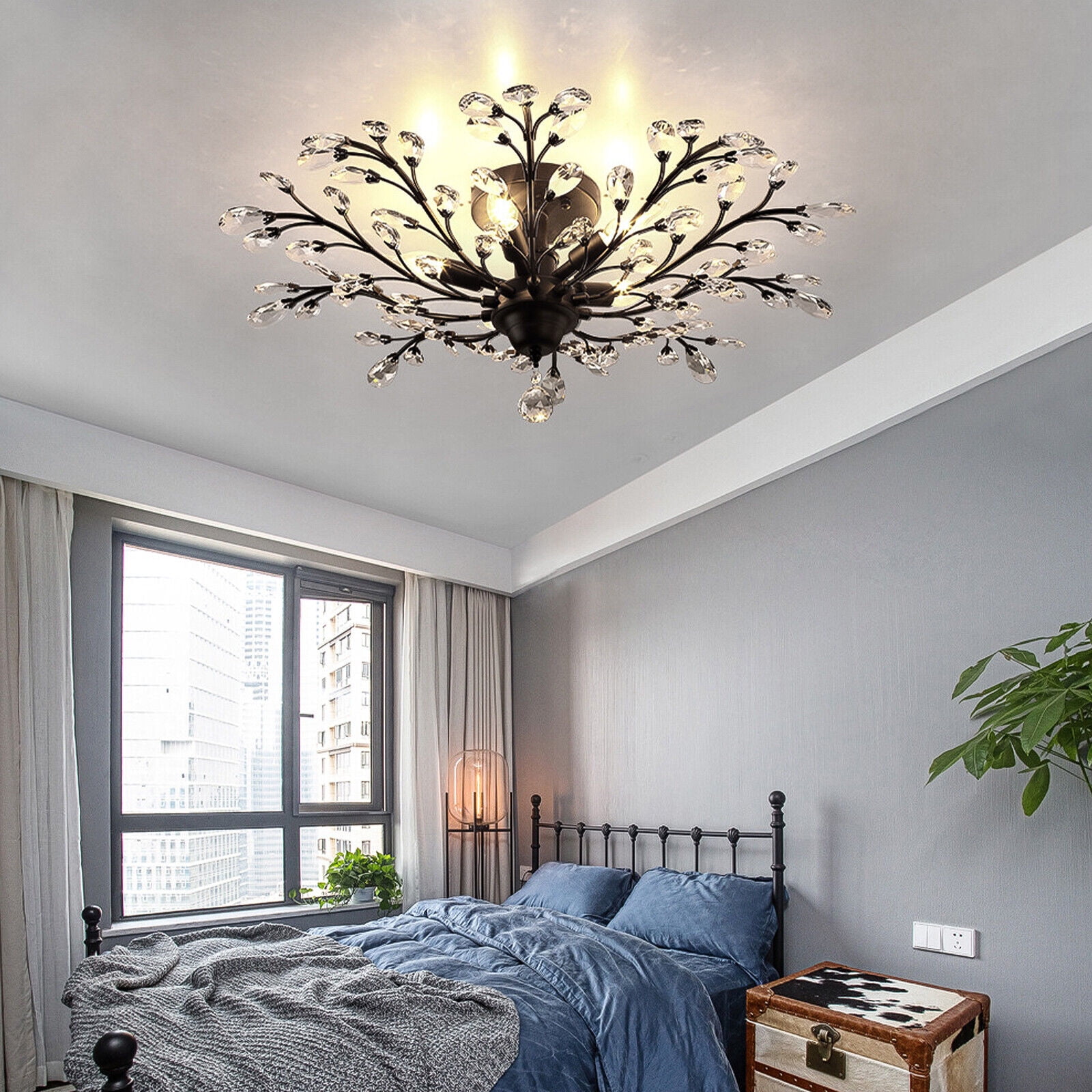 Crystal Chandelier Lighting, Metallic Paint Branches Crystal Chandelier Fixture with 5 Lights, Modern Black Semi Flush Mount Ceiling Light Fixture for Bedroom Living Room