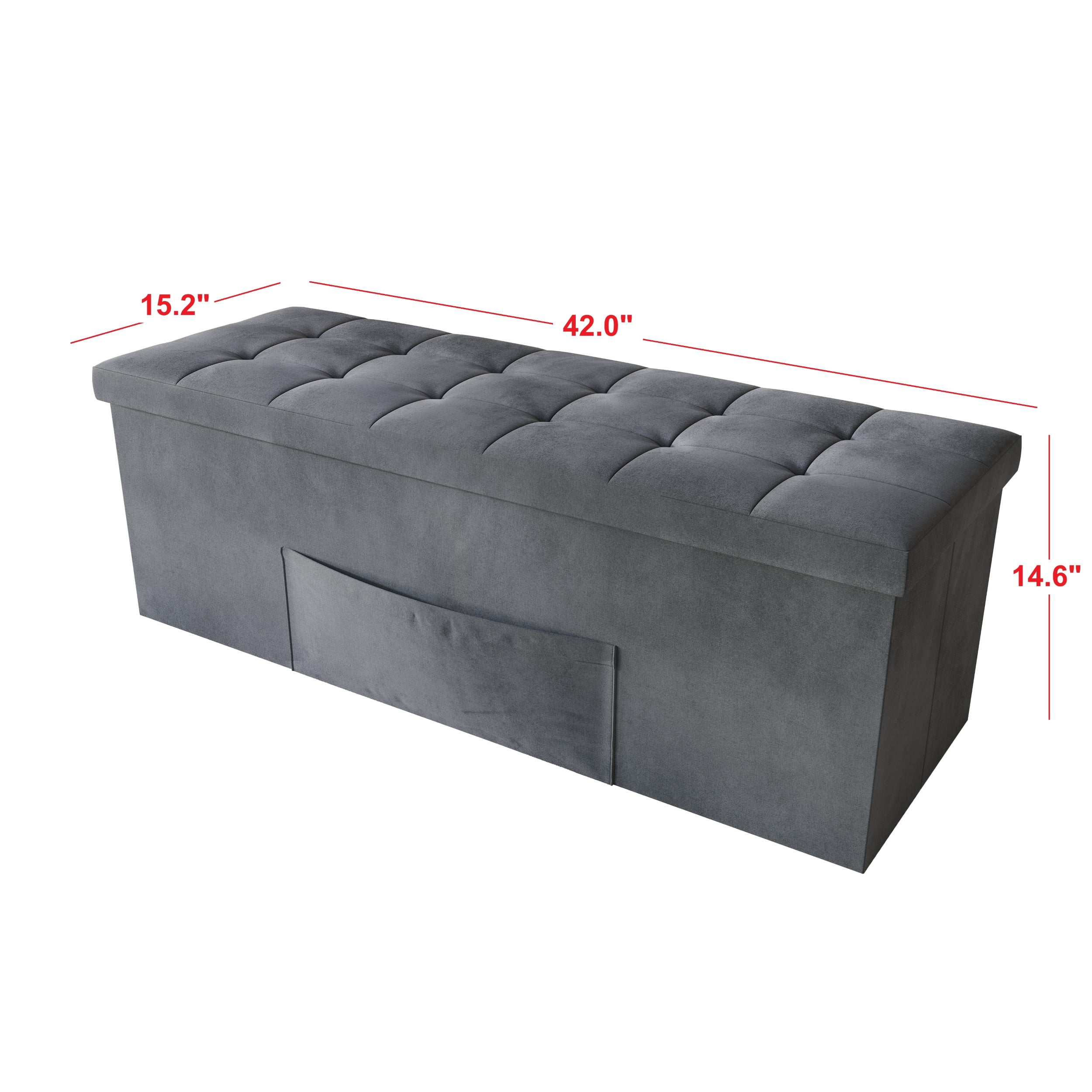 Home Design Chico 42" Tufted Upholstered Folding Storage Bench with Deep Cushion and Front Pocket, Multi-Purpose Rectangular Design for Bedroom, Entryway, or Living Room, Dark Gray