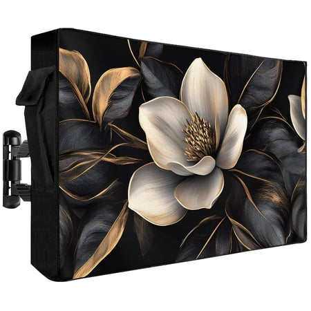 Outdoor TV Cover 40-43 Inch,Gorgeous Magnolia Flower Waterproof Weatherproof TV Enclosure Smart TV Display Shield with Pocket Blossom Floral White Black TV Screen Protector