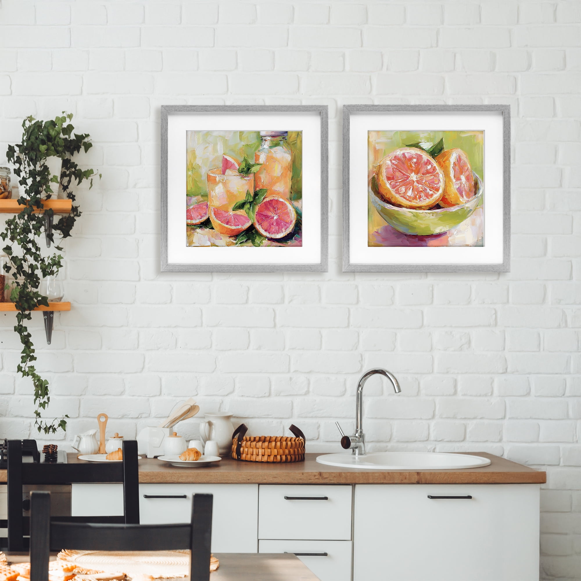 Stupell Industries Grapefruit Drinks & Fruits 2 Piece Gray Framed Print Under Glass Set, design by Riley B