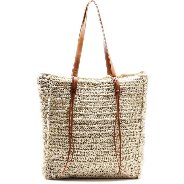 Miss Fong Bolsa De Playa Bolsas De Playa Para Mujer Bolsa De Paja Bolsa De Playa Bolsa De Playa De Paja Con Bolsillo Interior Con Cremallera Y Asa De Cuero