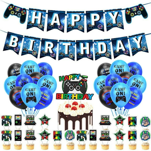 Video Game Them Birthday Party Decoration Set Boys and Girls Video Gamer Party Supplies Birthday Banner Balloons, Cake Plugin Inserts Decoration for Adults Kids Birthday Party