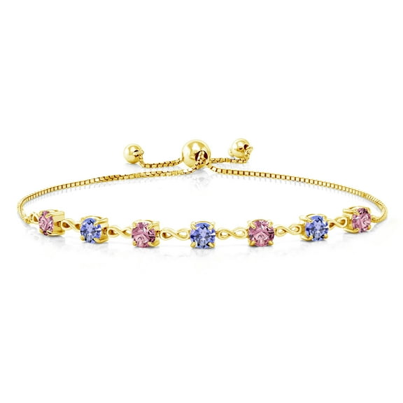 18K Yellow Gold Plated Silver Pink Lab Grown Diamond and Blue Tanzanite Infinity Tennis Bracelet for Women (2.58 Cttw, Gemstone April Birthstone, Round 4.5MM, Fully Adjustable up to 9 inch)