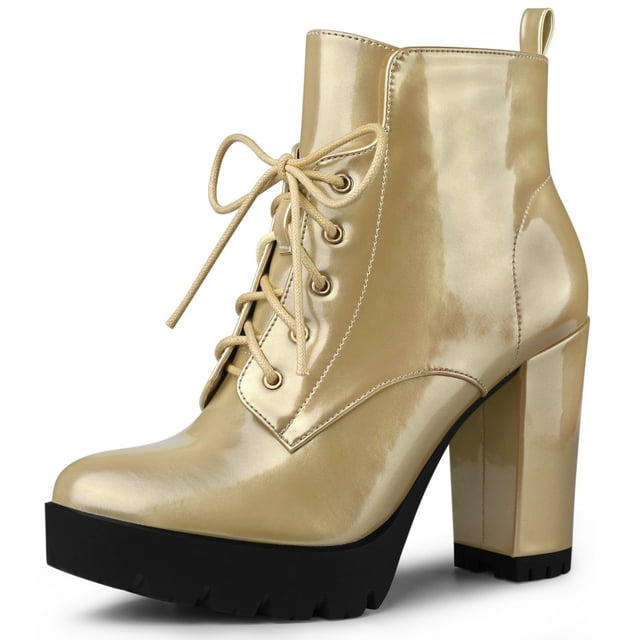 Unique Bargains Bottes à Plateforme à Lacets à Talon Épais à Bout Rond pour Femmes Or US 6