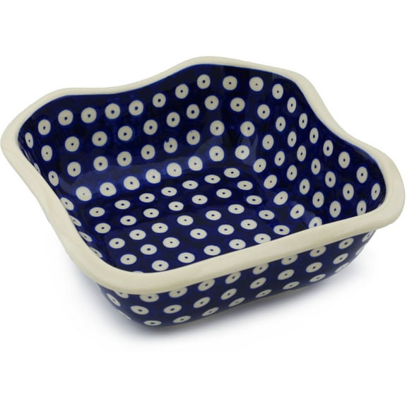 Polish Pottery 8-inch Square Bowl (Blue Eyed Peacock Theme) Hand Painted in Boleslawiec, Poland Certificate of Authenticity