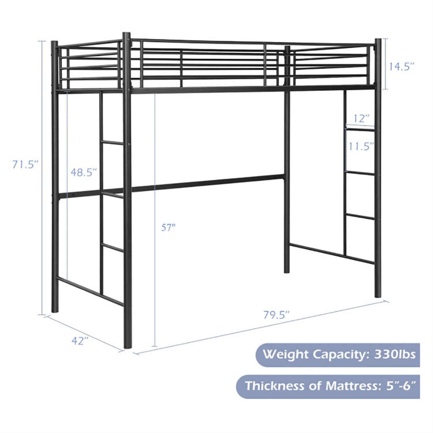 Demi Bonn Metal Twin Loft Bed Frame with 2 Ladders Full-length Guardrail for Teens, Black