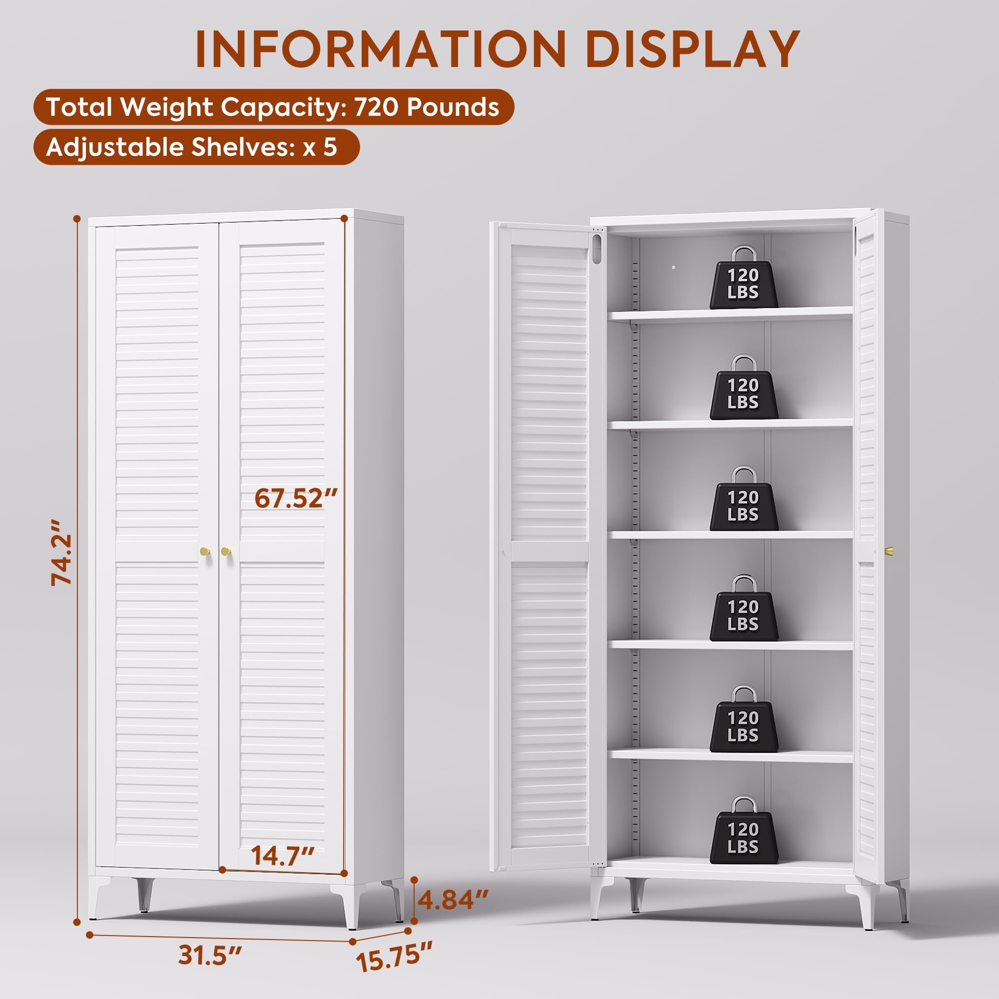 AOBABO Kitchen Pantry Storage Cabinet with 2 Doors,Metal Storage Cabinets with 5 Adjustable Shelves for Kitchen,White