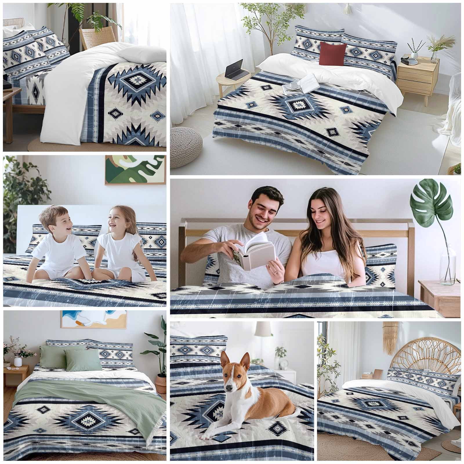 Blue Southwestern Bedding Duvet Cover Set King Size 4 Pieces Native Aztec Ethnic Style Geometric Bedding Set with Zipper Closure, 1 Comforter Cover 92x106 Inches 1 Flat Sheet & 2 Pillow Cases