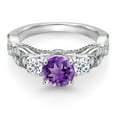 thumbnail image 2 of Gem Stone King 925 Sterling Silver Purple Amethyst White Topaz and White Moissanite Engagement Ring for Women (1.55 Cttw, Gemstone February Birthstone, Round 6MM and 3MM, Size 9), 2 of 4