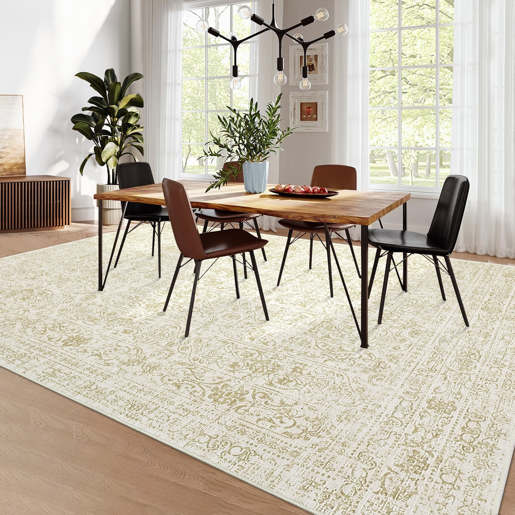 HOMERRY Washable Area Rug 6' x 9' Vintage Floral Area Rug for Living Room Bedroom Non-Slip Accent Rug, Beige