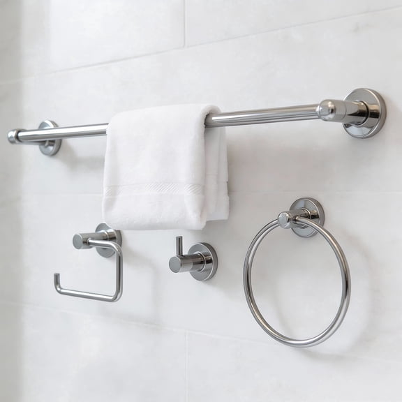 4 Piece Bathroom Accessory Set Including Towel Ring, Robe Hook, 24" Towel Bar and Toilet Paper Holder, Chrome Plated