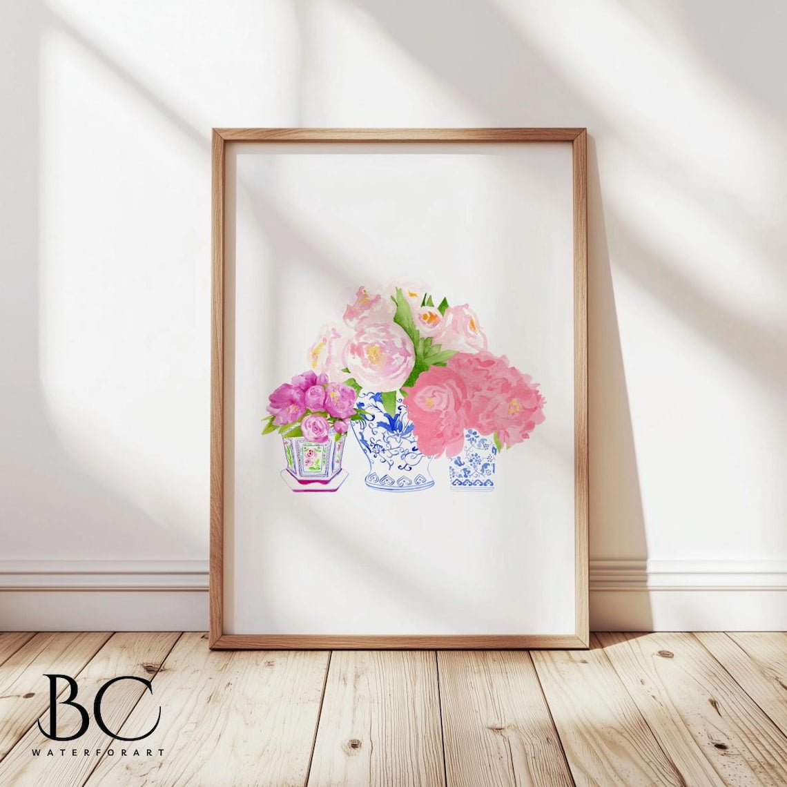 Pink Peony Blue Vase Wall Art Print Coastal Chinoiserie Floral Decor Unframed Paper Print