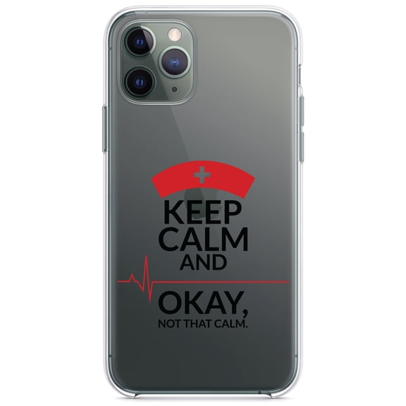 DistinctInk Clear Shockproof Hybrid Case for iPhone 13 Pro MAX (6.7" Screen) - TPU Bumper Acrylic Back Tempered Glass Screen Protector - Keep Calm, Not That Calm - Nurse Flatline