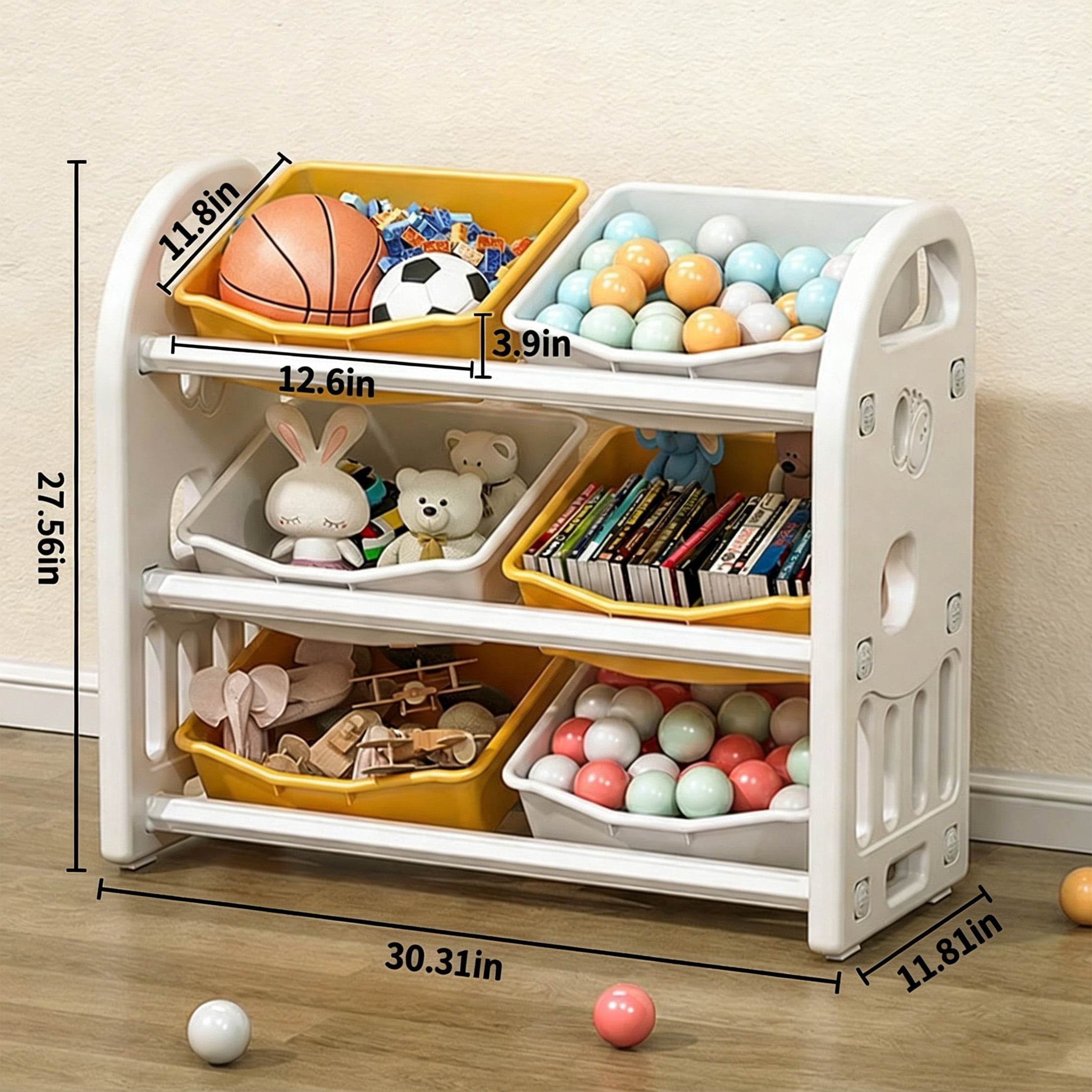 ANYEDDE Toy Storage Organizer with 3-layer structure and 6 Bins,Bookshelf/Bookcase, Kids Bin Shelf,Toys Box for Playroom Organization for Bedroom & Room Decor,Yellow White