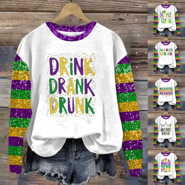 Vente Flash! IDALL Chandail à Capuchon Graphiques Manches Longues pour Femmes Mardi Imprimé Carnaval Col Rond Manches Longues Tenue Mardi Gras pour Femmes Vestes pour Femmes Vert Menthe TG