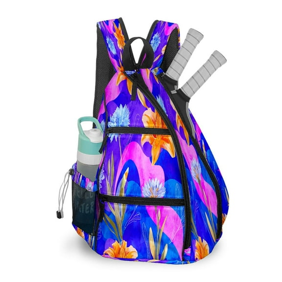 Pickleball Bag with Padded Back, Floral BluePurple Multi-Compartment Paddle Backpack, Lightweight Nylon Sports Bag for Men & Women