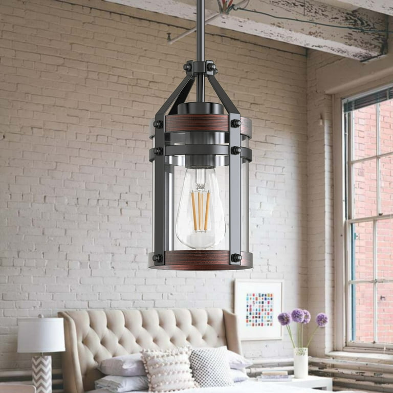 Matte Black Wood Farmhouse Pendant Lighting Fixture 1 Light Clear Glass Cylinder Hanging Lantern for Living Room Dining Room Kitchen