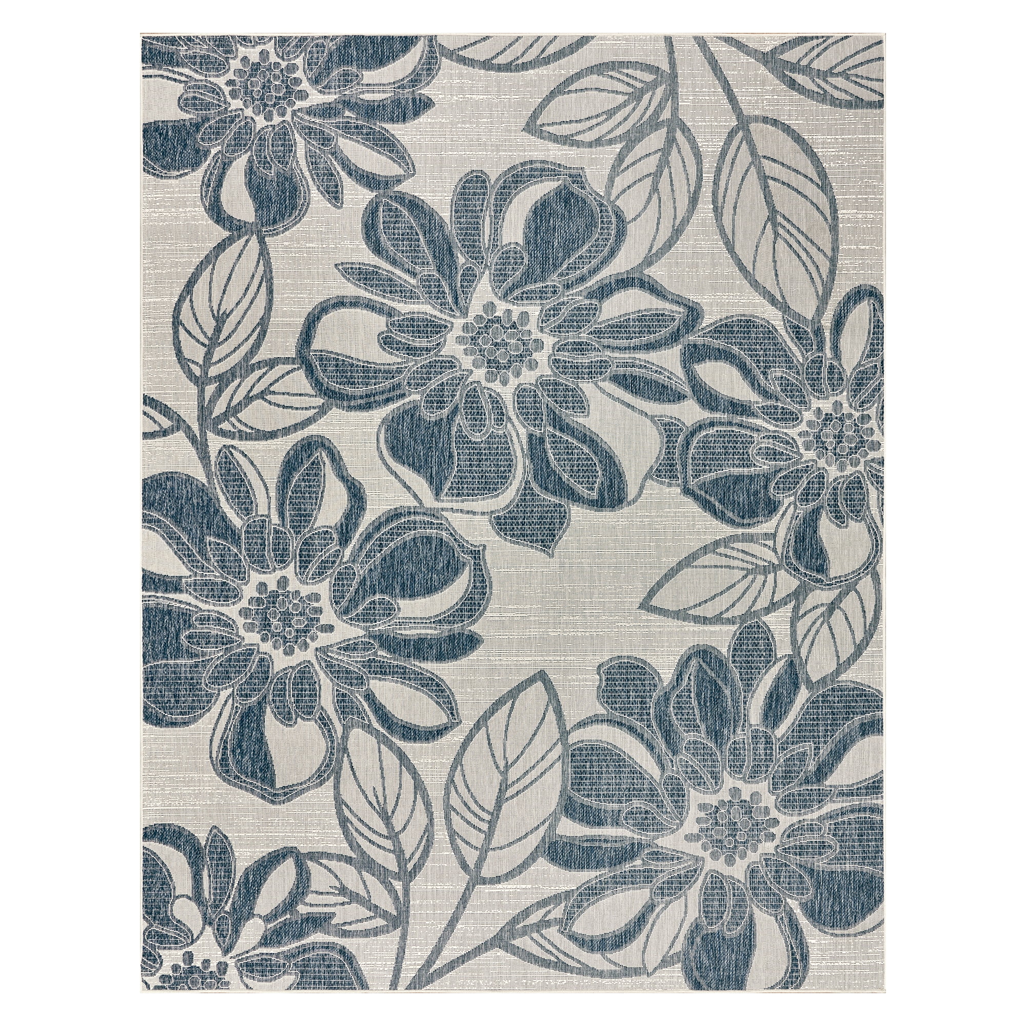 Tropea Woodbury Casual Tropical Floral Navy Ivory Premium Flatweave UV Resistant Indoor Outdoor Area Rug, 9x13