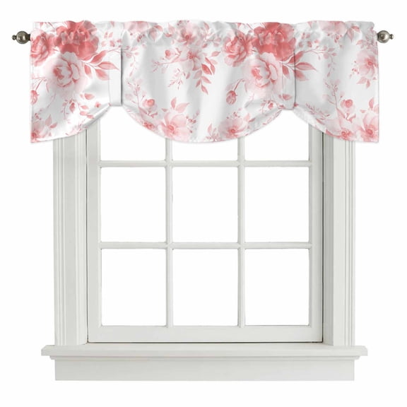 Pink Floral Art Tie Up Valance Curtains for Windows, Kitchen Curtains Window Treatments, Watercolor Botanical Spring Flowers Short Window Shades Valances for Bedroom Bathroom Cafe 42"x18"