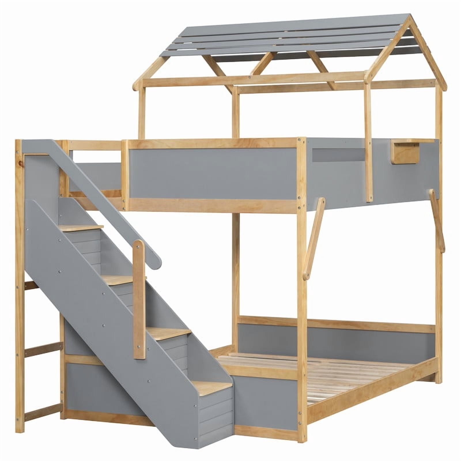 Full over Full House-Shaped Bunk Bed with Roof & Stairs, Kids Bed Frame with 3-Color LED Lights & Bedside Storage Shelf