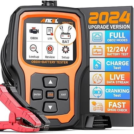 ANCEL OBD2 Scanner AD410 Pro Battery Tester 2 in 1,12V 100-2000 CCA Car Battery Charging Cranking Test, Check Engine Car Code Reader Scan Tool, Car Scanner Diagnostic Tool for All OBDII Cars