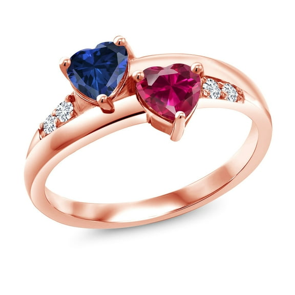 Gem Stone King 1.18 Ct Blue Created Sapphire Red Created Ruby 18K Rose Gold Plated Silver Lab Grown Diamond Ring (Size 9)