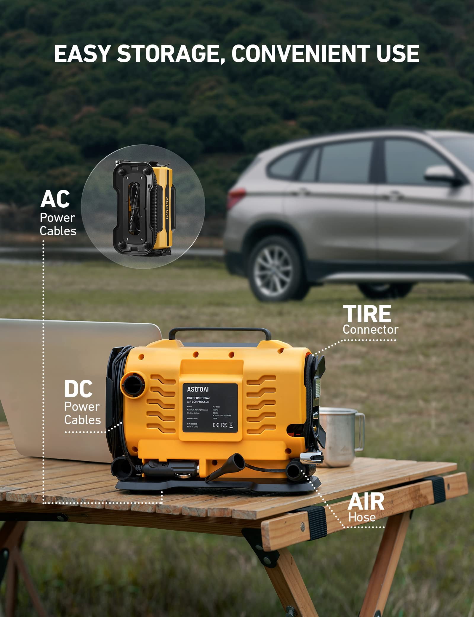 AstroAI Tire Inflator Air Compressor, 150 PSI Car Tire Air Pump with Dual Metal Motors 12V DC/110V AC, LED Light, for Car, Bicycle Tires and Air Mattresses, Yellow