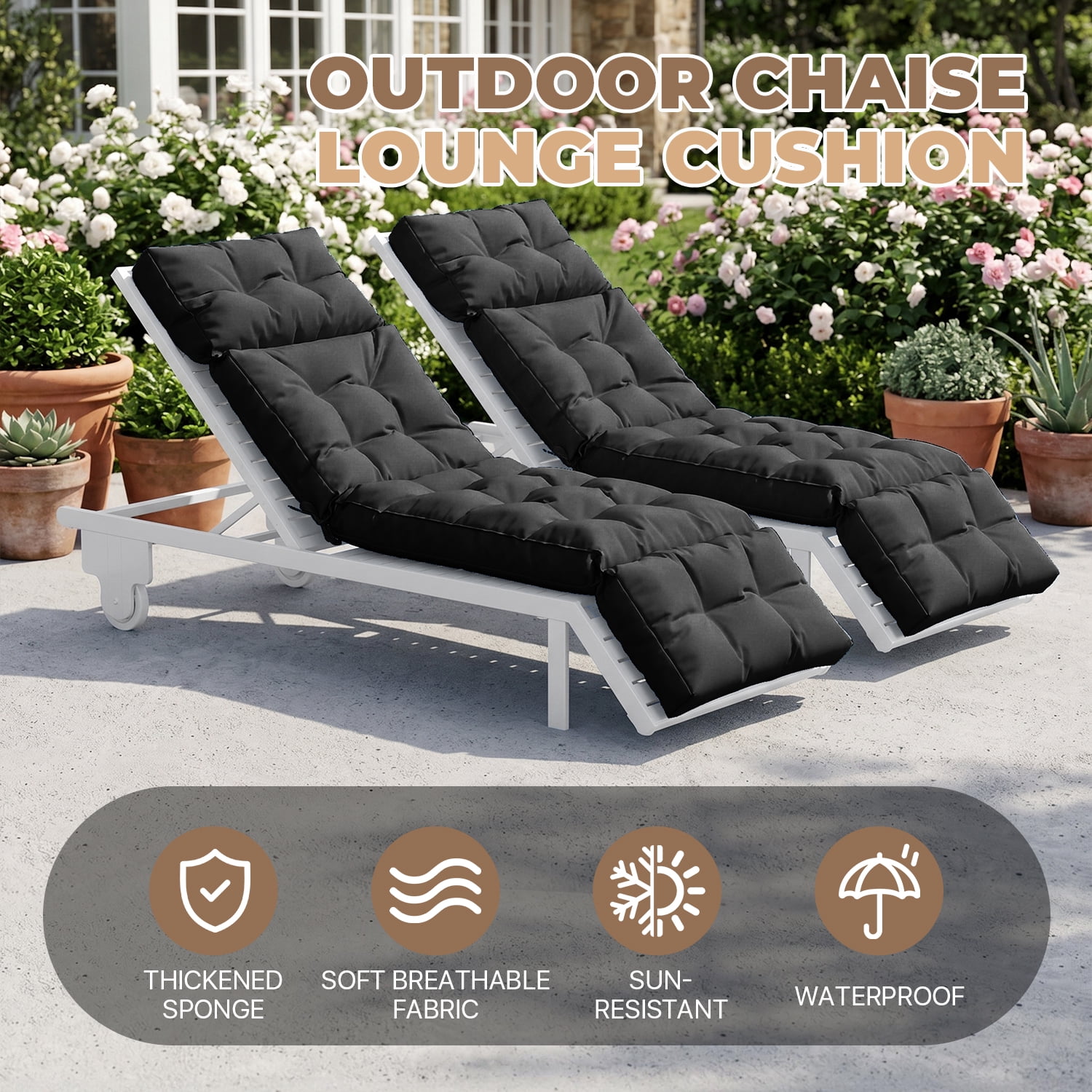 BaPiPro All-Weather Outdoor Chaise Lounge Cushion Set of 2, Secure-Tie Patio Recliner Cushion with Plush PP Cotton Support for Patio, Poolside & Balcony, Black