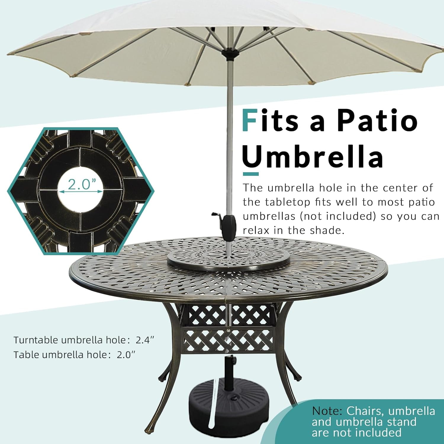 MEETWARM Outdoor 61" Round Patio Dining Table with Detachable Lazy Susan, All Weather Cast Aluminum Large Patio Furniture Table Set for 8 Seat with 24" Rotating Tray, Umbrella Hole, Dark Bronze