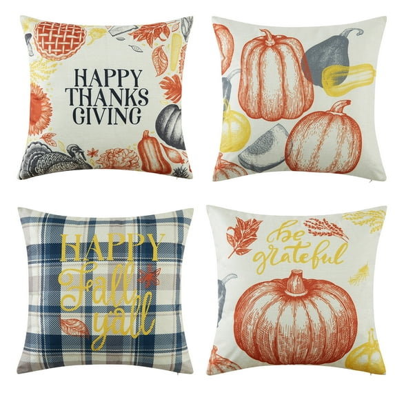 GlowSol Fall Throw Cushion Cases 18x18 inch 4 Pcs Farmhouse Happy Fall Yall Pumpkin Square Cushion Pillow Covers for Thanksgiving Autumn Holiday Harvest, Gray Orange