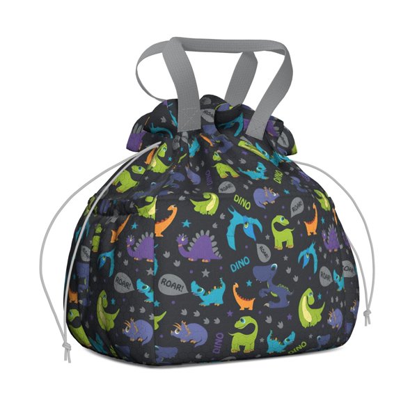 DarkBlue Dinosaurs Words Pattern Drawstring Lunch Bag Women - Drawstring Lunch Bag Insulated for Work Office - Stain-Resistant Large Lunchbags for Women with Multi-Pockets
