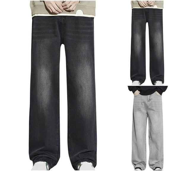 Pounoo New Denim Pants for Men Fashion Comfort Waist Wide Leg Pants Men Multicolor Breathable Long Pants Pocket Button Front Mid Waist Relaxed Fit Jeans Black Xxxl
