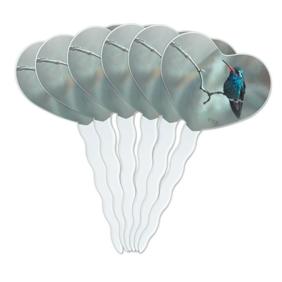 Broad-Billed Hummingbird Resting on Branch Heart Love Cupcake Picks Toppers Decoration Set of 6