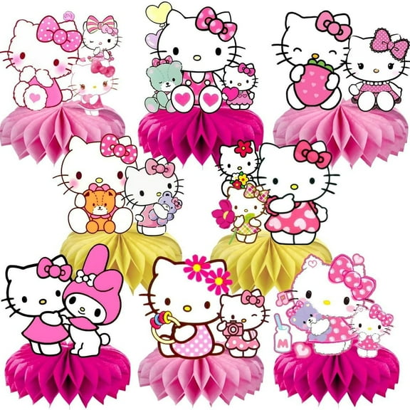 8 pcs Hello Kitty Honeycomb Centerpiece 3D Table Decorations for Kids Birthday Theme Party Decorations Double Sided Party Favor Supplies Photo Props