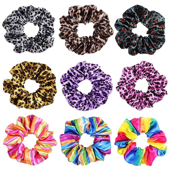 Paquete de 9 coleteros para el cabello con estampado de leopardo, coleteros de guepardo, coleteros multicolores, coleteros florales con motas de arcoíris (9 coleteros multicolores)