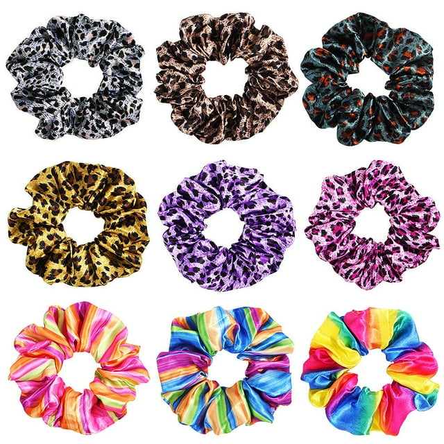 Paquete de 9 coleteros para el cabello con estampado de leopardo, coleteros de guepardo, coleteros multicolores, coleteros florales con motas de arcoíris (9 coleteros multicolores)