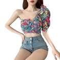 thumbnail image 3 of Camisa de mujer con volantes, manga abullonada, estampado floral, blusa con hombros descubiertos, tipo 1 Noticed AP001330-01B, 3 of 7