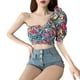 thumbnail image 3 of Camisa de mujer con volantes, manga abullonada, estampado floral, blusa con hombros descubiertos, tipo 1 kenally AP001330-01B, 3 of 7